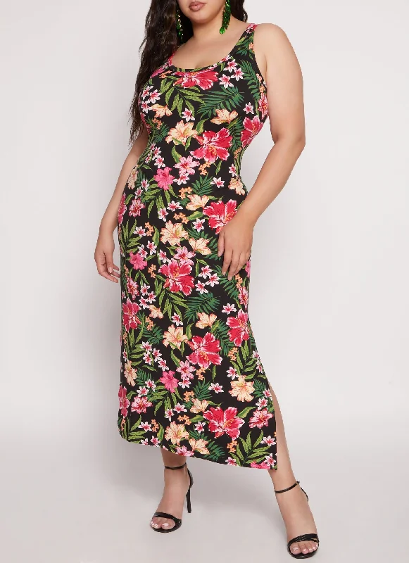 red maxi dresses online -Maxi dress with tie waist,Plus Size Tropical Print Tank Dress