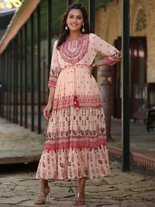 casual maxi dresses for date -Maxi dress with polka dots,Juniper  Peach Ethnic Motif Printed Georgette Tiered Maxi Dress With Thread Embroidery