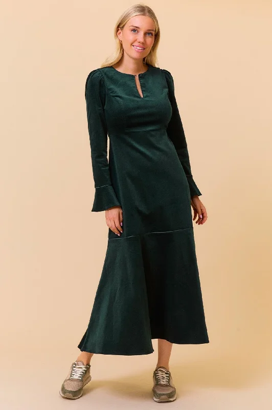 affordable maxi dresses online -Maxi dress with pleated skirt,Paloma Round Neck Long Sleeve Stretch Corduroy Dress | Bottle Green