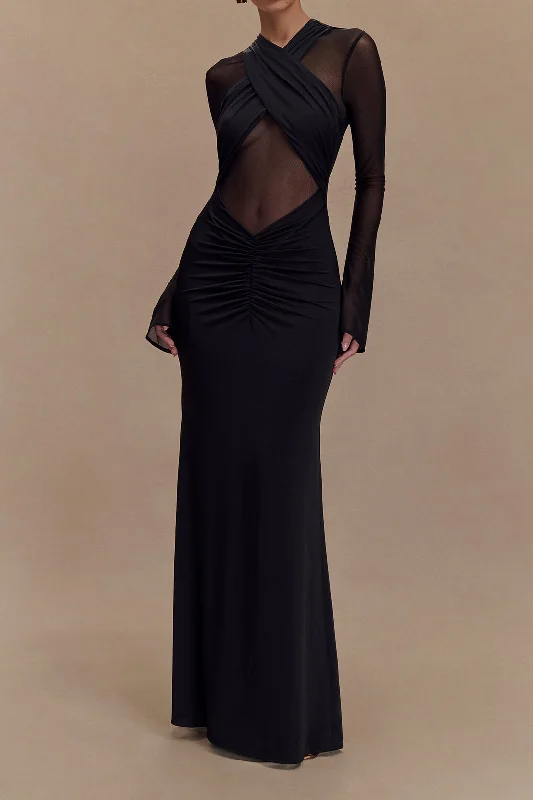 long maxi dresses with slits -Maxi dress for wedding guests,Crossed Mesh Sheer V-Neck Long Sleeve Maxi Dress