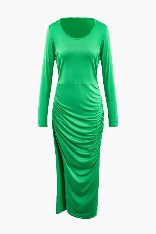 evening maxi dresses online -Maxi dress with formal elegance,Asymmetrical Hem Round Neck Ruched Long Sleeve Maxi Dress