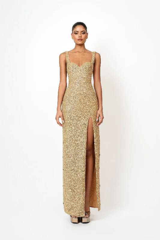 elegant maxi dresses for party -Maxi dress with draped bodice,Kroon Maxi Dress - Gold