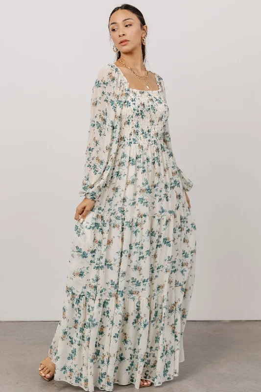 blue maxi dresses for summer -Maxi dress with cool tones,Isabela Smocked Maxi Dress | Ivory + Topaz Floral