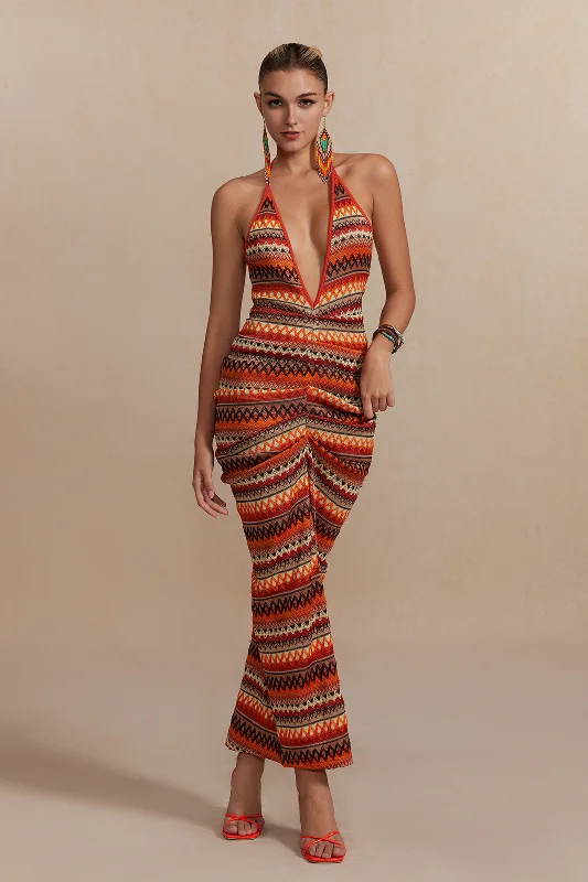 floral maxi dresses online -Maxi dress with formal elegance,Zigzag Stripe Halter Backless Knit Maxi Dress