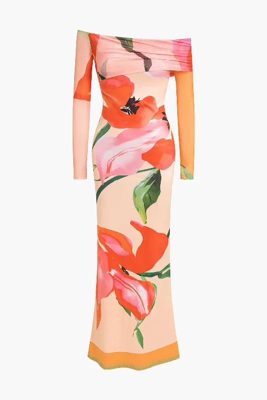 cotton maxi dresses for party -Maxi dress with open back,Floral Print Long Sleeve Off-Shoulder Maxi Dress