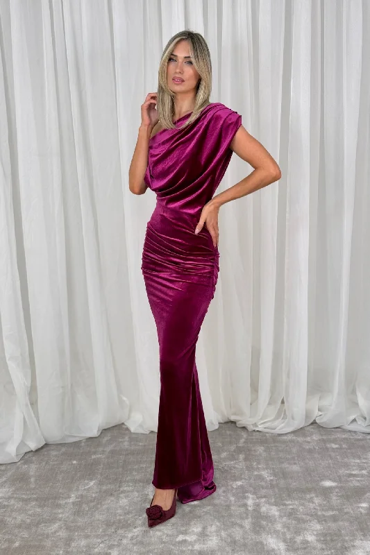 green maxi dresses for summer -Maxi dress with shimmer effect,Alexandra Velvet Bardot Dress In Magenta