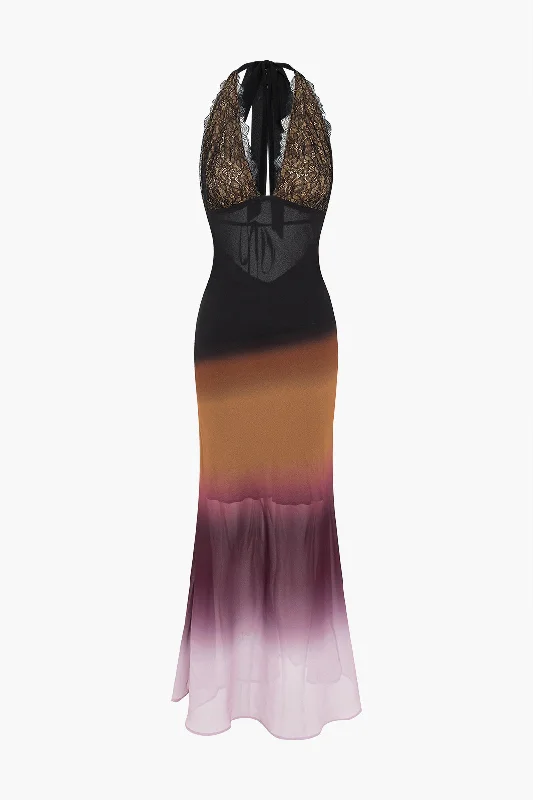 bohemian maxi dresses with patterns -Maxi dress with cowl neck,Ombre Print Mesh Backless Lace Sleeveless Maxi Dress