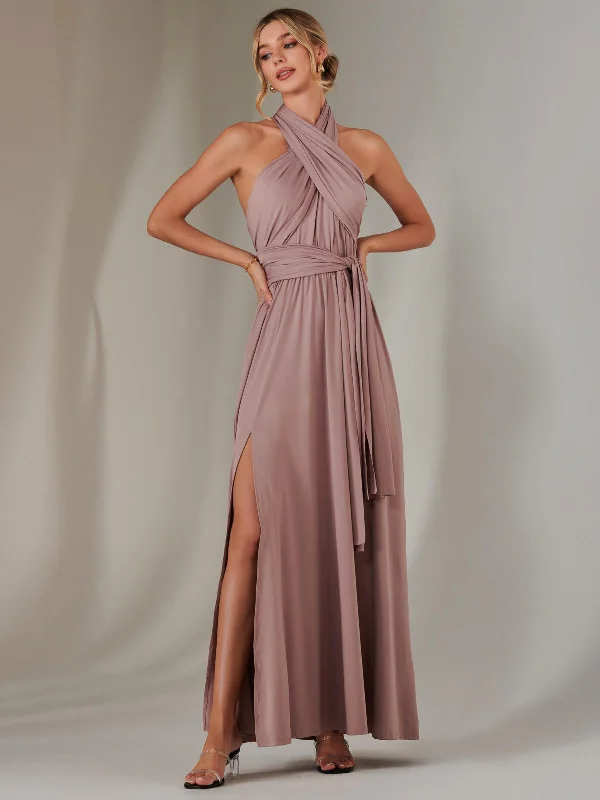 plus size maxi dresses for party -Maxi dress with puff sleeves,Halter Neck Maxi Bridesmaid Dress, Dusty Pink