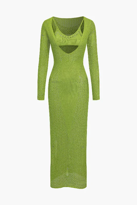 green maxi dresses for summer -Maxi dress with shimmer effect,Hollow Out Long Sleeve Knit Maxi Dress With Bra Set