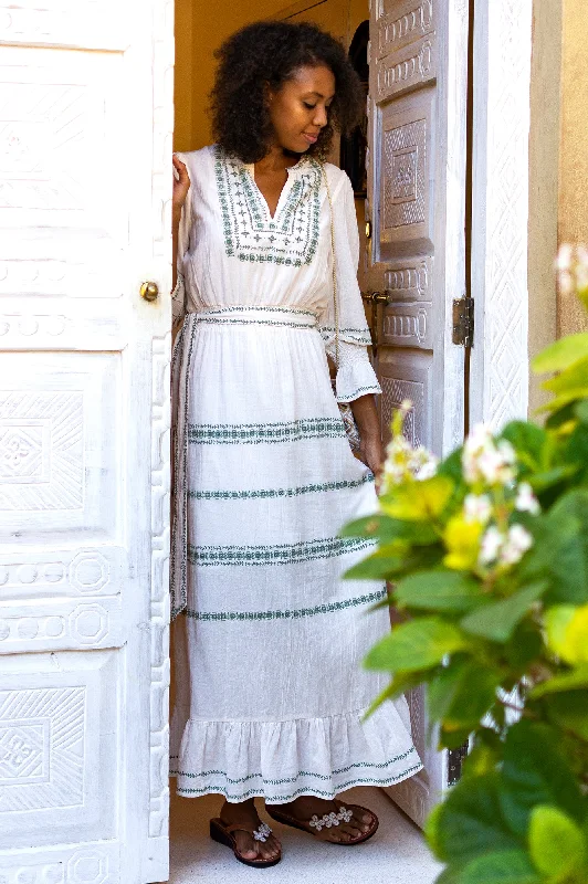 white maxi dresses with lace -Maxi dress with embroidered flowers,Freida Embroidered Dress | Cream/Sage