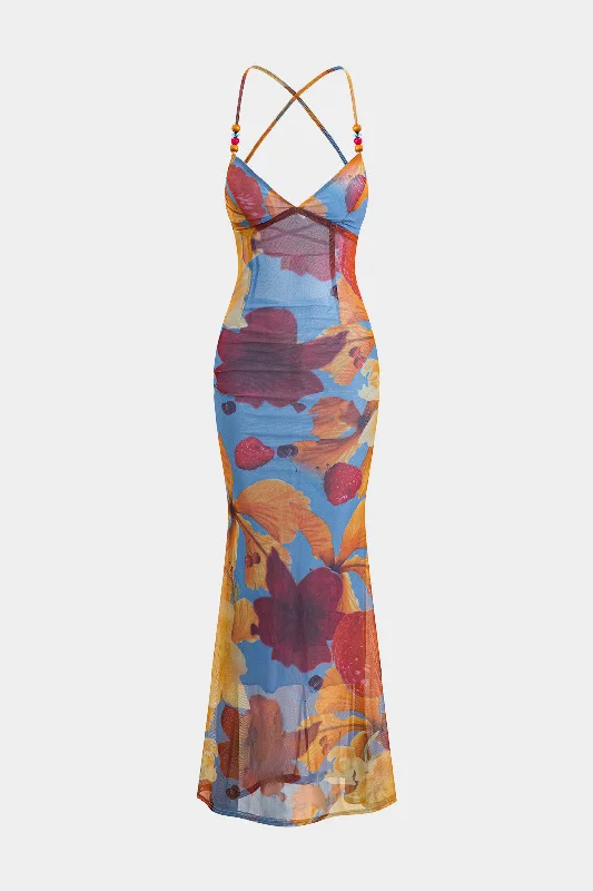 affordable maxi dresses for summer -Maxi dress with tie waist,Tropical Floral Print Mesh Backless Maxi Dress