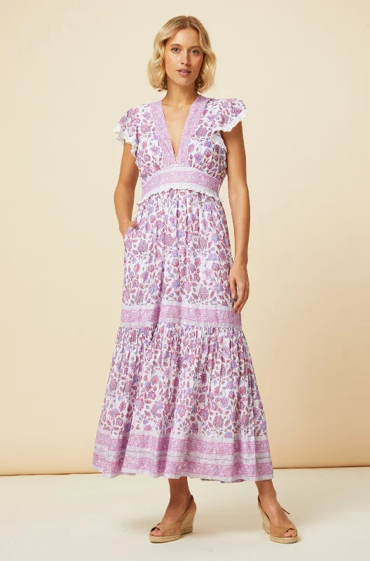 floral maxi dresses for summer -Maxi dress with youthful look,Pippa Block Print Dress | Pink/White