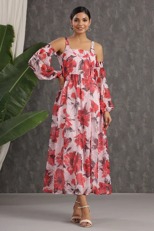 bohemian maxi dresses for summer -Maxi dress with geometric pattern,Juniper Light Pink Floral Printed Chiffon Maxi Dress With Adjustable Straps & Cold Shoulder