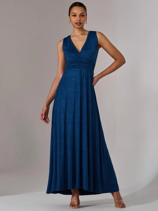 plus size maxi dresses for summer -Maxi dress with illusion sleeves,Ella Wrap Bodice Jersey Maxi Dress, Navy