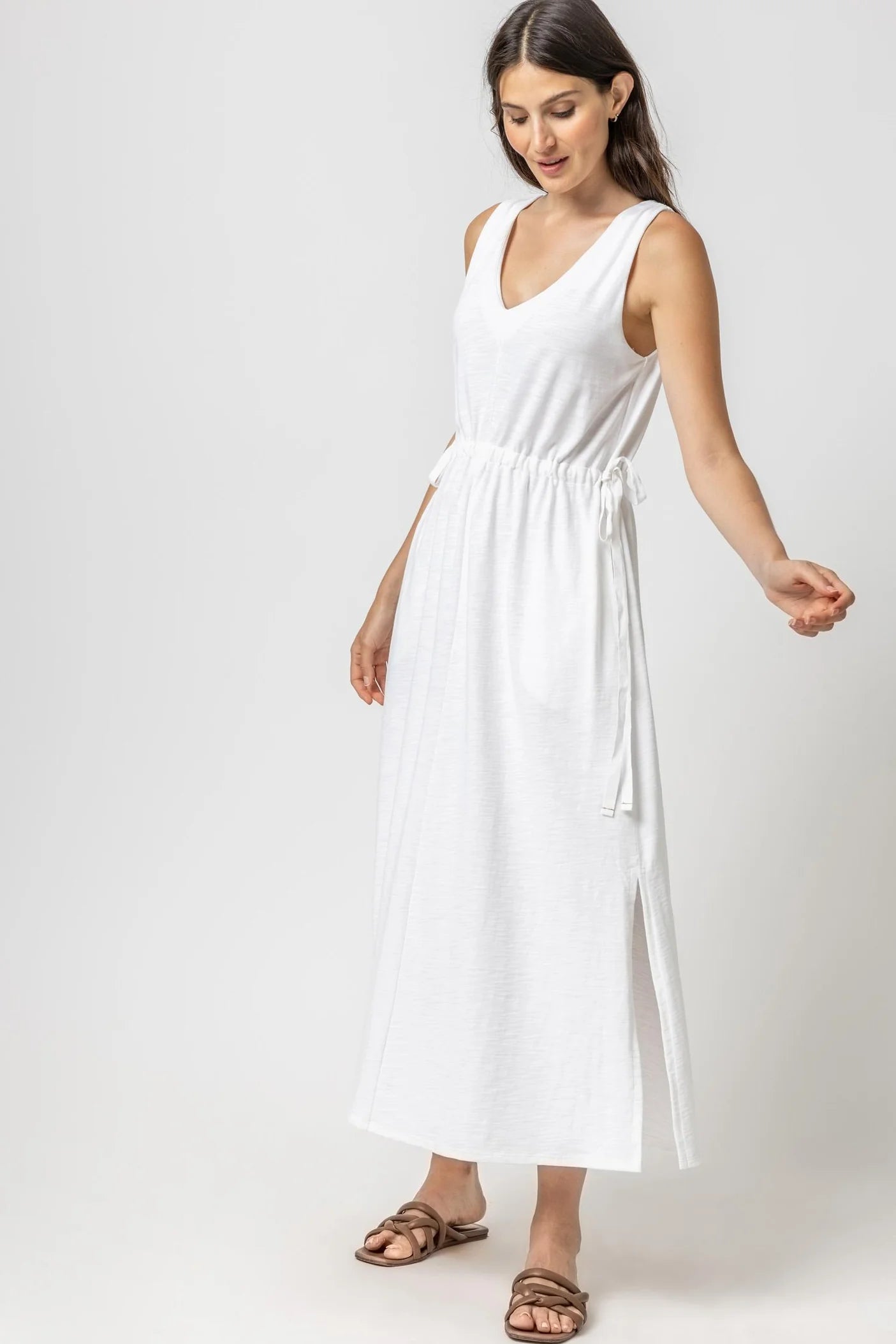 casual maxi dresses for sale -Maxi dress with minimalist design,Drawcord Waist Maxi Dress in White