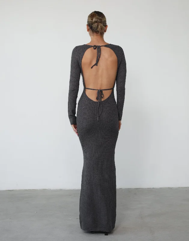 white maxi dresses for party -Maxi dress with one shoulder,Jayda Long Sleeve Maxi Dress (Charcoal)