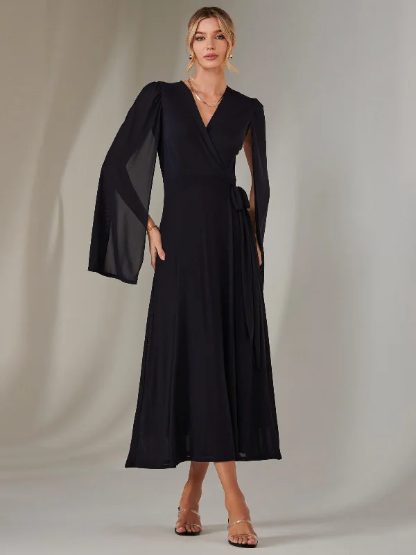 evening maxi dresses for women -Maxi dress with cowl neck,Amira Cape Sleeve Wrapped Maxi Dress, Navy