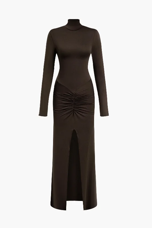 casual maxi dresses online -Maxi dress with animal motifs,Solid Ruched Mock Neck Slit Maxi Dress