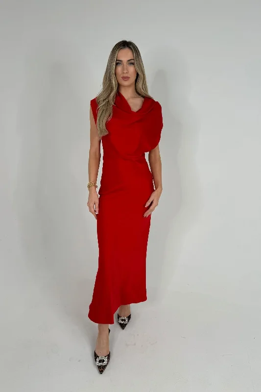 floral maxi dresses for vacation -Maxi dress for beach vacation,Caitlyn Satin Maxi Dress In Red