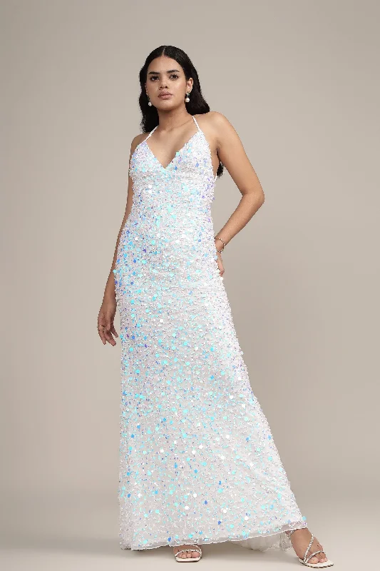 elegant maxi dresses for date -Maxi dress with quilted design,Alchemila Embellished Maxi Dress in Iridescent White