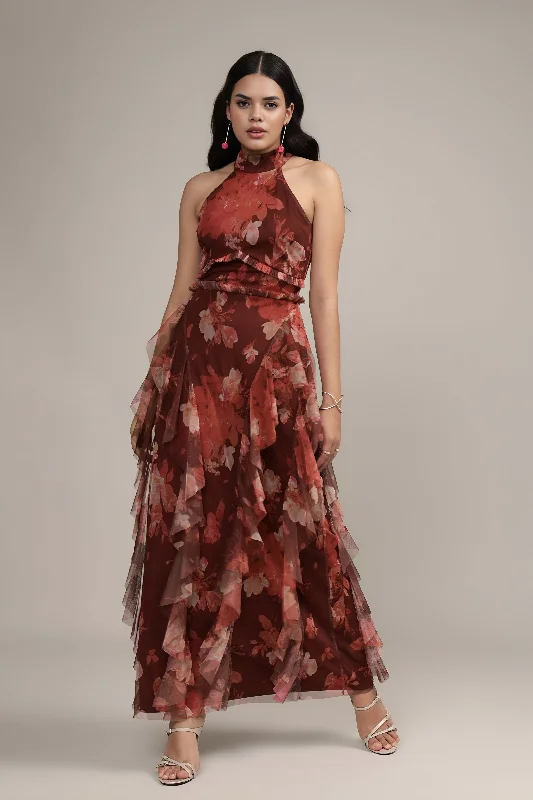 red maxi dresses for date -Maxi dress with metallic finish,Marilyn Maxi in Deep Red Floral