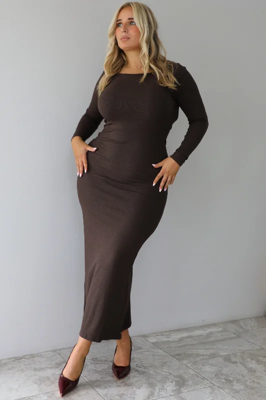 velvet maxi dresses for sale -Maxi dress with puffball skirt,Stay The Same Ribbed Maxi Dress: Chocolate