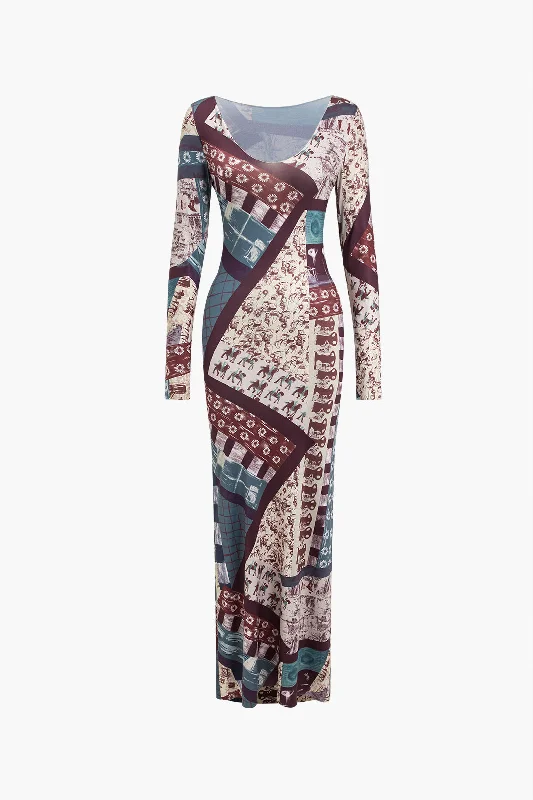 cotton maxi dresses for women -Maxi dress with tropical print,Abstract Patchwork Printed Long Sleeve Maxi Dress