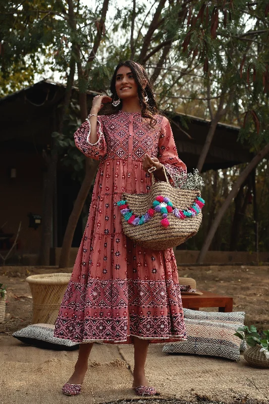 blue maxi dresses for summer -Maxi dress with utility style,Juniper Peach Geometric Printed Pure Cotton Tiered Maxi Dress.