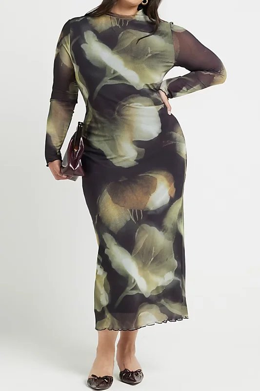 green maxi dresses with floral -Maxi dress with funky flair,Plus Size Floral Print Mesh Round Neck Long Sleeve Maxi Dress