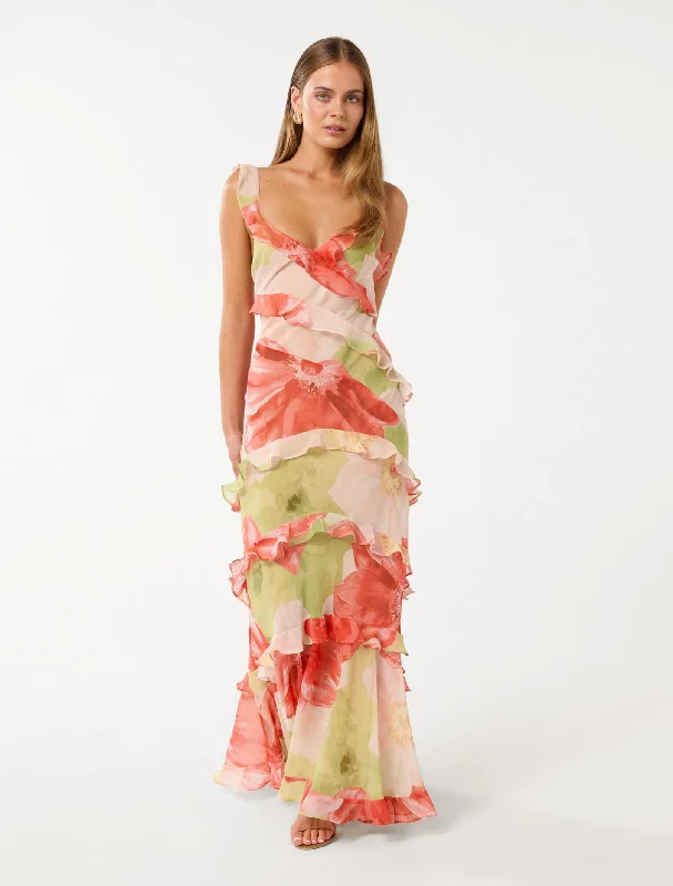 cheap maxi dresses for summer -Maxi dress with retro style,Isla Ruffle Asym Maxi Dress