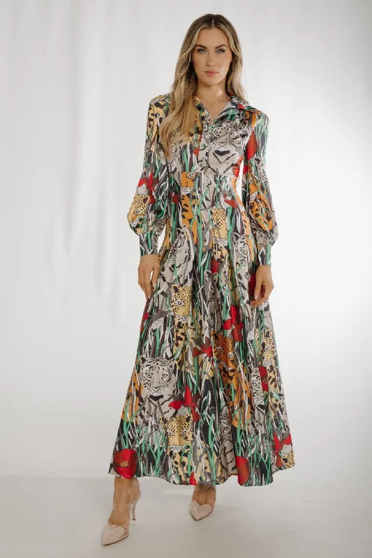 long maxi dresses with slits -Maxi dress for wedding guests,Holly Tiger Print Maxi Dress In Multi