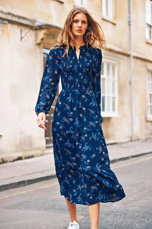 affordable maxi dresses online -Maxi dress with tiered layers,Arabelle Dress | Navy/Orange