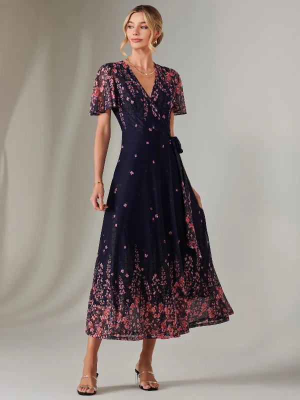 long sleeve maxi dresses for summer -Maxi dress with elastic waistband,Mirror Print Mesh Wrap Maxi Dress, Navy Floral