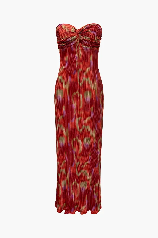 red maxi dresses for sale -Maxi dress with cap sleeves,Abstract Print Plisse Strapless Maxi Dress