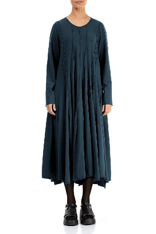 plus size maxi dresses online -Maxi dress with layered look,Pleated Flared Maxi Midnight Blue Cotton Dress