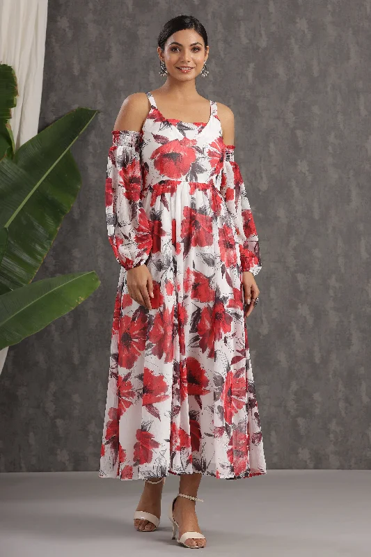 elegant maxi dresses online -Maxi dress with glitter accents,Juniper White Floral Printed Chiffon Maxi Dress With Adjustable Straps & Cold Shoulder