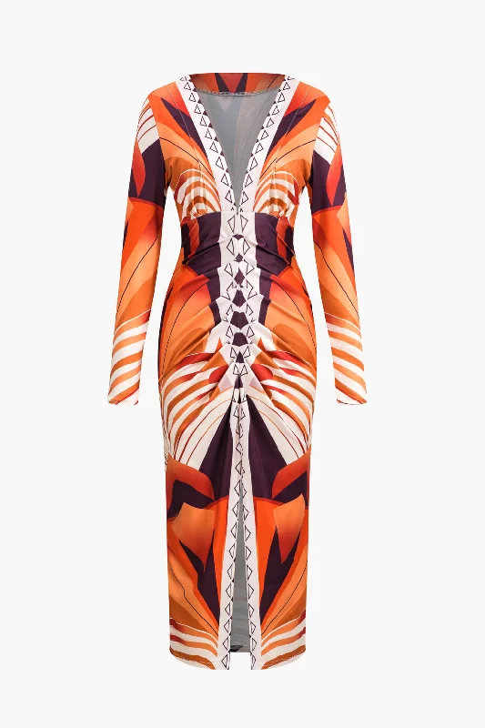 affordable maxi dresses online -Maxi dress with cold shoulder,Bohemian Print V-Neck Long Sleeve Maxi Dress