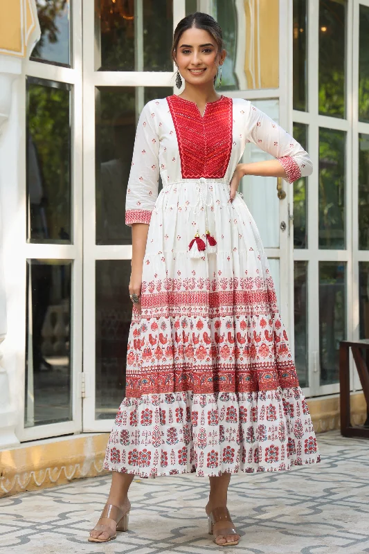 red maxi dresses for women -Maxi dress for wedding guests,Juniper Maroon Ethnic Motif Printed Pure Cotton Tiered Maxi Dress With Sequins & Thread Work Embroidery