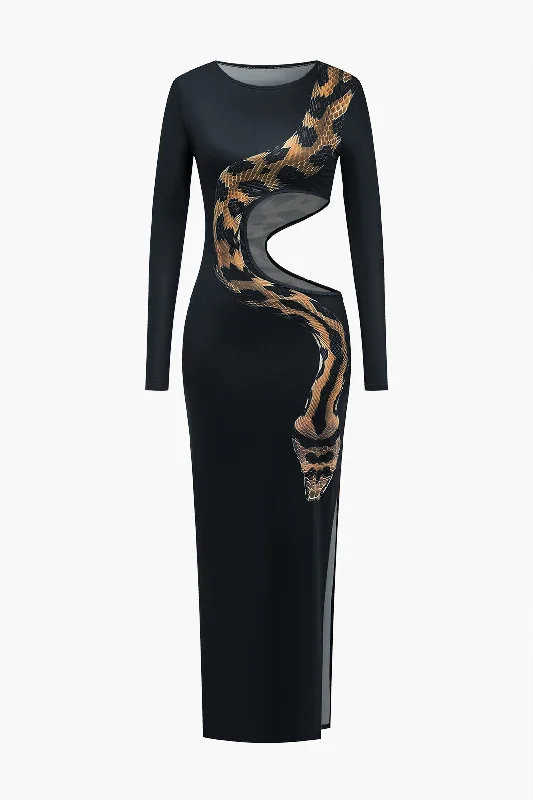 cheap maxi dresses for women -Maxi dress with chic design,Snake Print Cut Out Long Sleeve Slit Maxi Dress