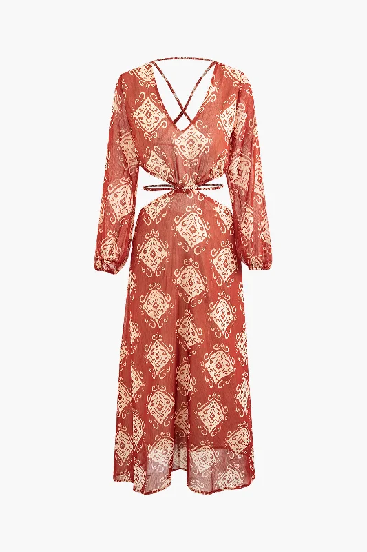 long sleeve maxi dresses online -Maxi dress with geometric pattern,Abstract Print Cross Tie Backless Maxi Dress