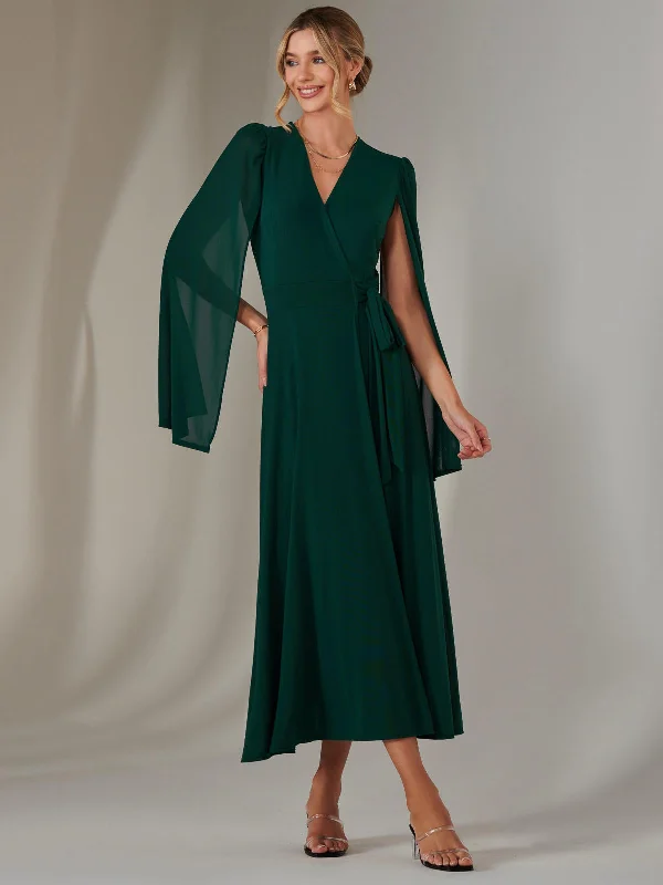 bohemian maxi dresses online -Maxi dress with casual chic,Amira Cape Sleeve Wrapped Maxi Dress, Dark Green