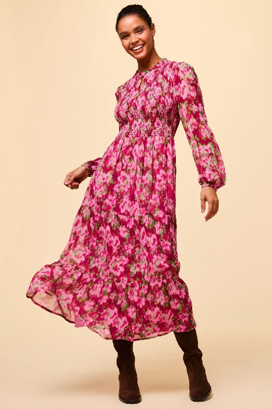 cheap maxi dresses for party -Maxi dress with illusion sleeves,Arabelle Dress | Hazy Floral Burgundy/Pink