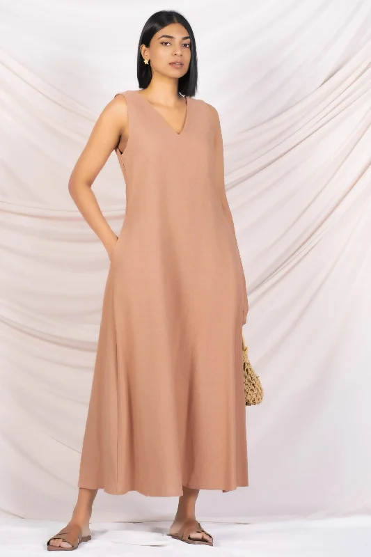 affordable maxi dresses online -Maxi dress with cold shoulder,V Neck Linen Maxi Dress