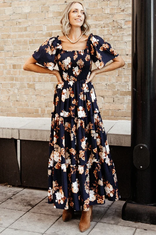 long maxi dresses for summer -Maxi dress with utility style,Southampton Smocked Maxi Dress | Navy Multi Floral