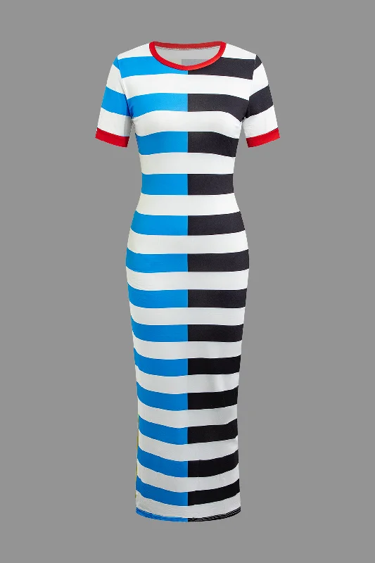 trendy maxi dresses for date -Maxi dress with sweetheart neckline,Contrast Striped Maxi Dress