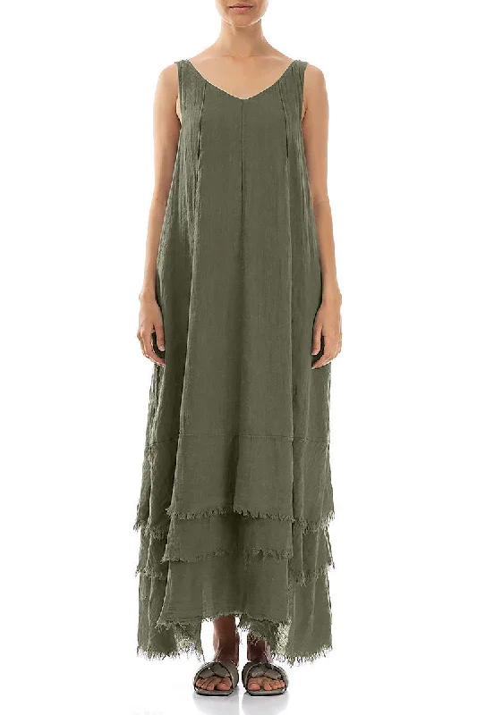 cotton maxi dresses for date -Maxi dress with one shoulder,Maxi Olive Gauze Linen Dress