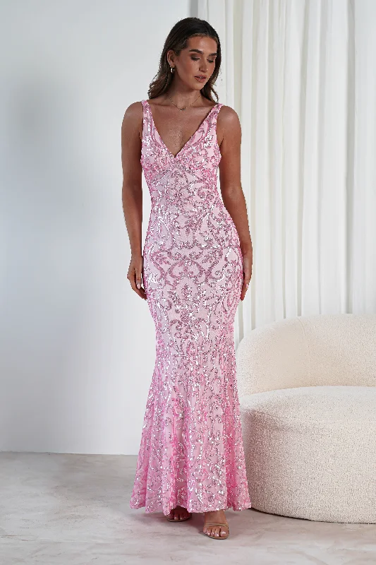 elegant maxi dresses for party -Maxi dress with classic stripes,Perdita Sequin Bodycon Gown | Pink