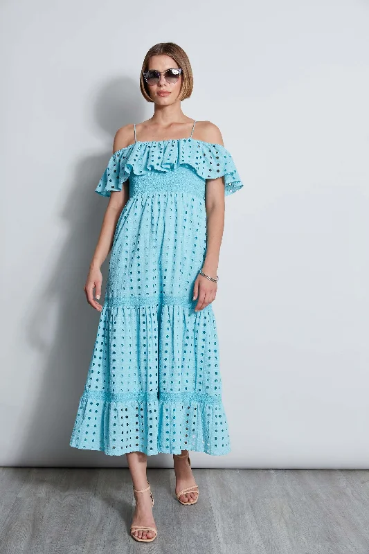 trendy maxi dresses for party -Maxi dress with V-neckline,T-Tahari Eyelet Maxi Dress