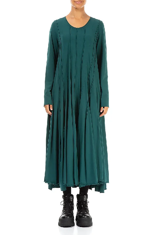 plus size maxi dresses for summer -Maxi dress with retro style,Pleated Flared Maxi Emerald Cotton Dress