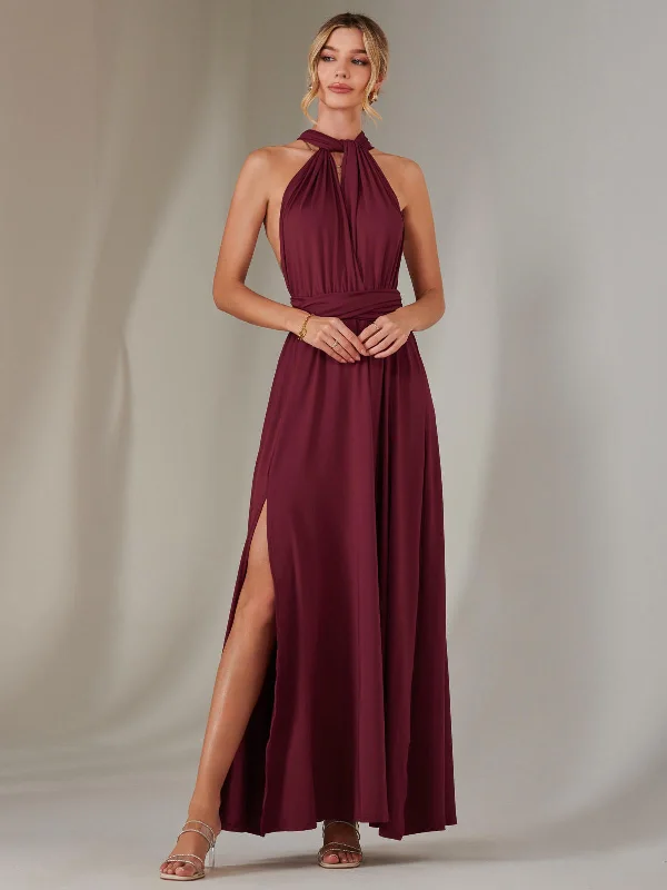 long sleeve maxi dresses for date -Maxi dress with racerback style,Halter Neck Maxi Bridesmaid Dress, Burgundy